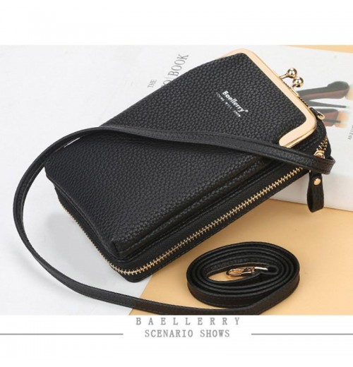 Black Leather Cell Phone Shoulder Bag